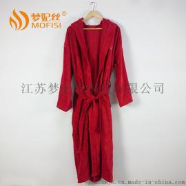 梦妃丝 2016新款酒红色加长连帽浴袍割绒全棉加厚款睡袍浴衣