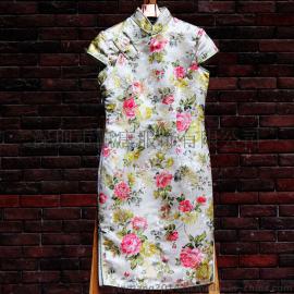 中式织锦粉花手工一字扣经典款旗袍茶服禅服汉服