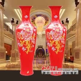 景德镇陶瓷落地大花瓶 中国红牡丹花陶瓷花瓶 喜庆工艺品装饰摆件