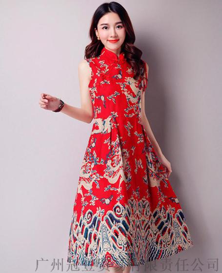 中国风刺绣印花修身立领旗袍礼服 复古民族风大摆连衣裙【免费加盟/一件代发】