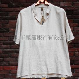 中式麻棉原色立领短袖改良唐装男士衬衫禅服茶服汉服