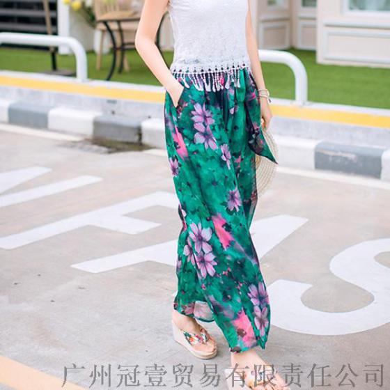 夏季渲染印花休闲沙滩裤 宽松雪纺裙裤阔腿裤【外贸女装大量现货批发】
