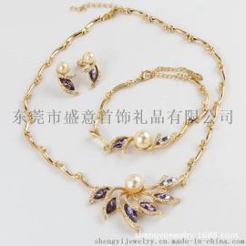 东莞盛意饰品韩版潮珍珠水晶花型首饰三件套速卖通亚马逊饰品货源