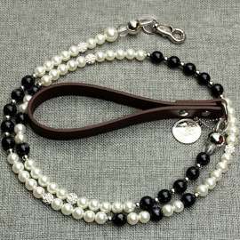 睿宠博品 宠物狗狗高雅黑白珠牵引带套装猫带PU蝴蝶结遛狗牵引绳