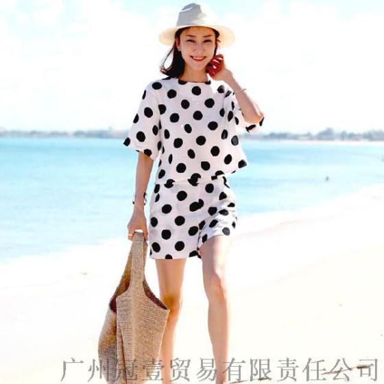 夏季百搭圆领波点t恤短裤套装出行旅游套装家居服【外贸女装现货批发】