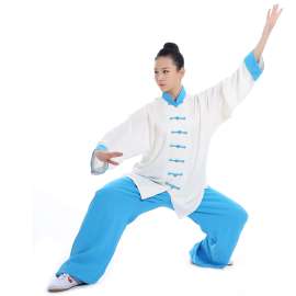 新款武极堂太极服练功服高弹麻太极拳服装白蓝敞口男女款春夏装