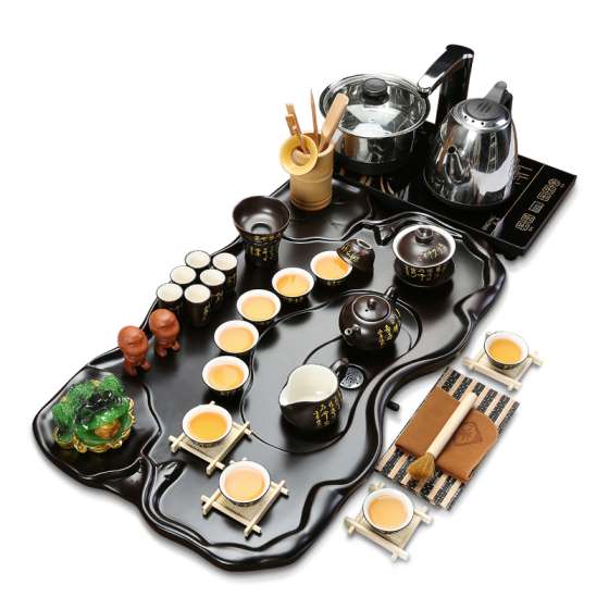 千禹陶瓷 2017年新品双莲藕花梨木乌金石茶盘 茶具套装 陶瓷茶具礼品套装