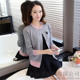 云里服饰春季新品女士短款针织开衫长袖修身打底外套拼色毛衣百搭潮
